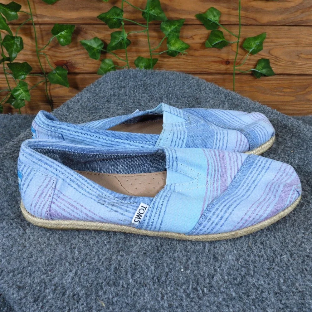 TOMS Alpargata Women Slip On Flat Size 8.5 Everyday Walking Blue Striped Canvas